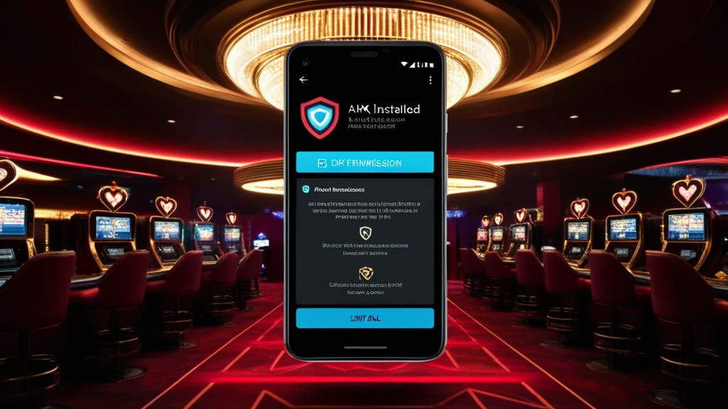 Pantalla de instalación APK en Android con avisos de permisos y fondo de casino