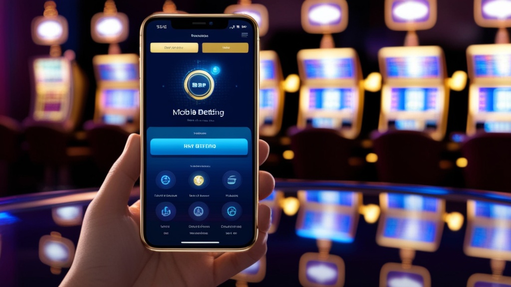 Teléfono móvil con la app Betonwin en una sala de casino iluminada con neones