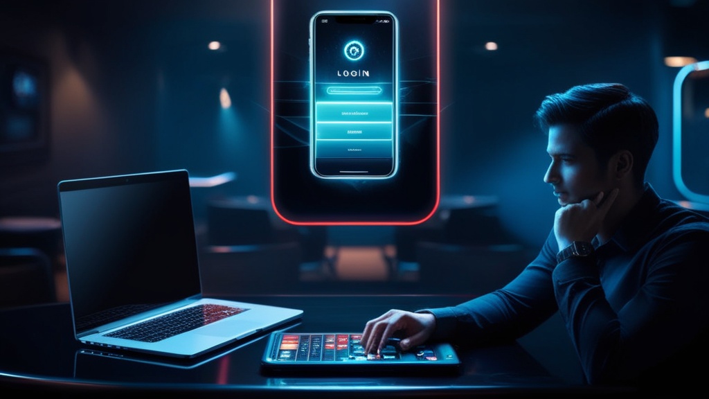 Pantalla de inicio de sesión en un casino digital con luces neón y dispositivos