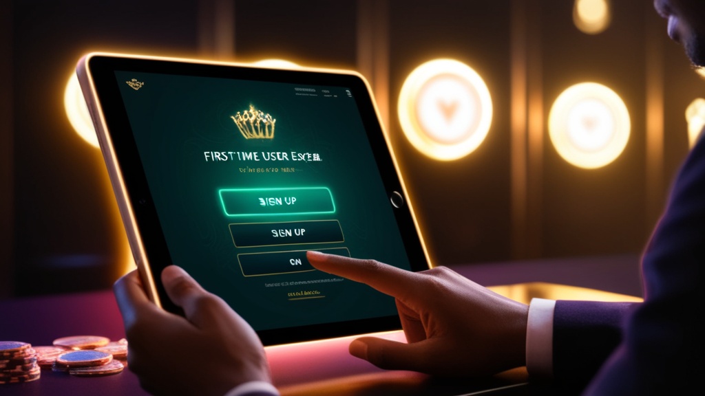 Usuario principiante creando una cuenta en una pantalla digital con luces de casino