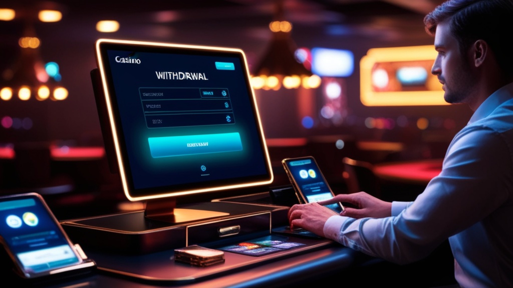 Pantalla de retiro y caja de casino en un ambiente oscuro y neon